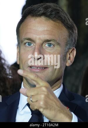 Hamburg, Germany. 10th Oct, 2023. Emmanuel Macron, President of France, gestures during the presentation of the 'KulturPass' app at the Hotel Louis C. Jacob. The German and French cabinets meet in the Hanseatic city for a two-day retreat. Credit: Marcus Brandt/dpa/Alamy Live News Stock Photo