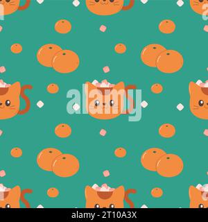 Pattern seamless cute mug with cat and tangerine, winter, christmas. Vector illustration Stock Vector