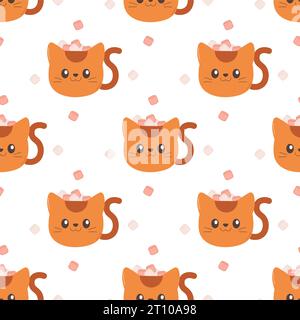 Pattern seamless mug with cat and marshmallows, winter, christmas. Vector illustration Stock Vector