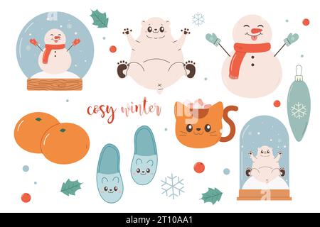 Cosy winter set clipart, polar bear, snow globe, tangerines, snowman, slippers. Vector illustration Stock Vector
