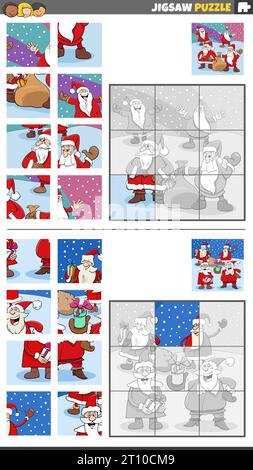 Cartoon illustration of educational jigsaw puzzle activities set with Santa Clauses on Christmas time Stock Vector