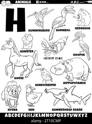Cartoon illustration of animal characters set for letter H coloring page Stock Vector