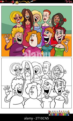 Cartoon illustrations of funny women or girls characters group coloring page Stock Vector