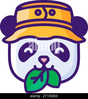 Emblem of cute panda in tourist hat chews juicy leaves. Symbol emblem for design decoration, brand name of Travel Company. Vector in thick stroke isol Stock Vector