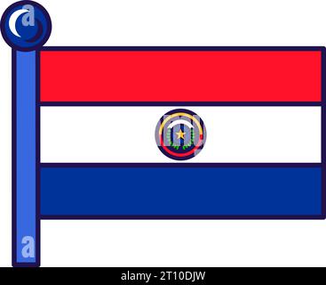 Paraguay country nation flag on flagpole vector. Horizontal triband of red, white and blue, defaced on obverse with coat of arms of republic. Official Stock Vector