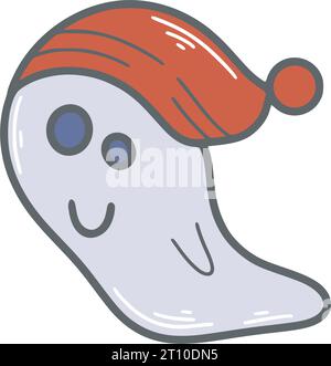 Cute baby ghost isolated vector illustration. Funny ghost in a nightcap doodle sketch style clip art Stock Vector