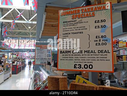 Summer Takeaway Specials - Barm Cake Meal Deal - Breakfast , Lunch Toasties at Time Square, Warrington Market, Cheshire, WA1 2HN Stock Photo