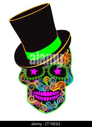 Mexican skull head with cylinder hat. Day of the dead and Halloween background Stock Photo