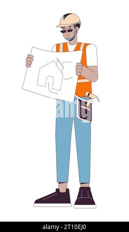 Home builder holding blueprint 2D linear cartoon character Stock Vector