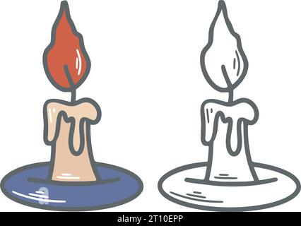 Set hand drawn candle in ink and color. Burning candle simple doodle sketch, isolated vector illustration. Clip art flame Stock Vector