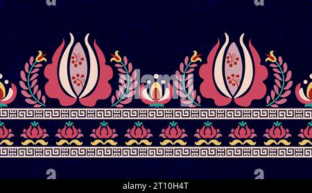 Colorful floral Hungarian folk art fabric pattern design on the dark blue background. Stock Vector