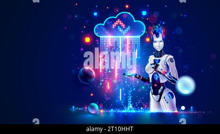 Artificial intelligence analysis data in digital cloud. AI robot woman holds in palm digital data from internet cloud storage. AI technology for cloud Stock Vector