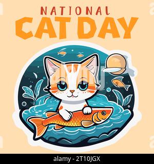 National Cat Day banner a cute cartoon Cat hunting Fish, holding on hand. Happy animals Friendship Between Humans and Cats. Domestic Animals and Pets Stock Vector