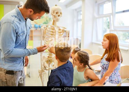 Male teacher explaining human skeleton to elementary students in classroom Stock Photo