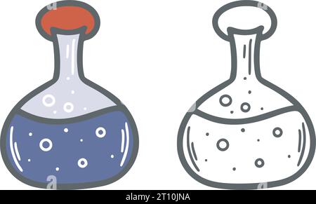 Round flask with witch potion doodle sketch style. Magic potion ink and color isolated vector illustration. Glass vessel clip art Stock Vector