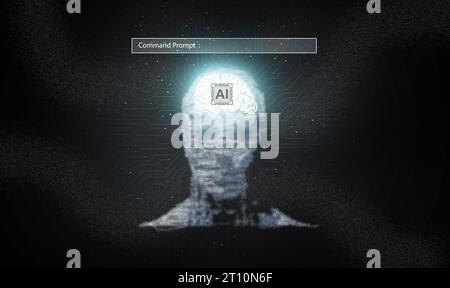 Ai technology. Glowing particles form a virtual graphic shape of human face with brain, circuit pattern, and AI chip. Chat with AI, Artificial Intelli Stock Photo