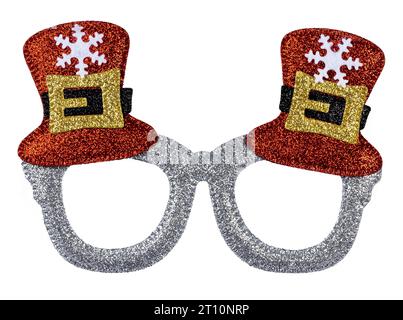 Funny Christmas theme party glasses. Front view, isolated on a solid white background. Silver with red hats. Stock Photo