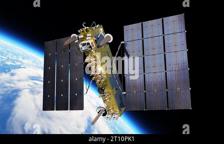 Modern navigation satellite satellite at the Earth orbit. 3d rendering background Stock Photo