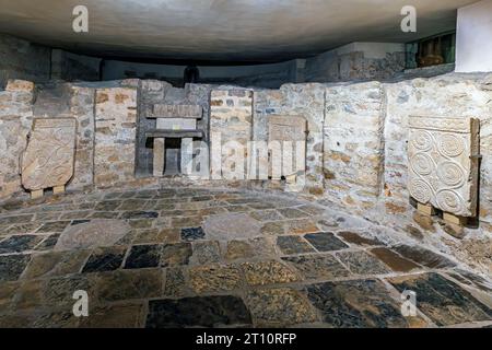 Exhibited in the crypt of the cathedral in Ventimiglia are the remains of an older Lombard church. Liguria, Italy. Stock Photo