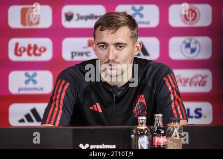 Tubize, Belgium. 10th Oct, 2023. Belgium's Timothy Castagne pictured during a press conference of the Belgian national soccer team Red Devils, at the Royal Belgian Football Association's training center, in Tubize, Tuesday 10 October 2023. The Red Devils are playing against Austria on Friday, match 6/8 in Group F of the Euro 2024 qualifications. BELGA PHOTO BRUNO FAHY Credit: Belga News Agency/Alamy Live News Stock Photo