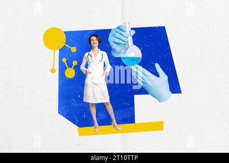 Composite collage image of young female doctor hands hold chemicals flask research science analysis laboratory billboard template metaphor Stock Photo