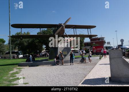 Sacadura Cabral and Gago Coutinho replica flying boat Lisbon waterfront promenade Portugal EU monument to Portuguese who flew plane from Lisbon to Rio Stock Photo