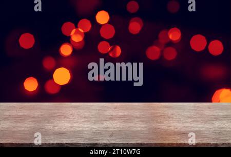 Empty wooden table on room cocktail club with bokeh blurred background. night club, product display exhibition. Stock Photo