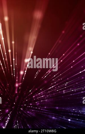 Connected dots and line tunnel, led fiber rays, tech gradient background, fast communication concept. Vertical size. Stock Photo