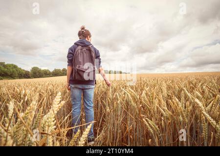 female farmer checking a crop of wheat in a field Stock Photo
