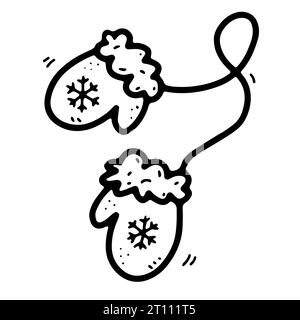 Doodle cute mittens. Hand drawn gloves isolated on white background. Children's woolen warm clothes with fur, snowflake. Winter, comfort, Christmas, o Stock Vector