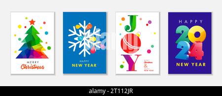 Creative Merry Christmas and Happy New Year 2024 greeting cards set. Vector illustration concepts for background greeting card, party invitation Stock Vector