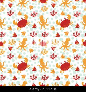 Seamless pattern with sea animals. Red crab, octopus in the ocean among seaweed on a white background. Vector illustration. Design for children s doug Stock Vector