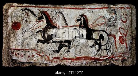 Biga race (chariot race) Tomb of Horrors Ancient Lucanian fresco from The ruins of Paestum are famous for their three ancient Greek temples in the Doric order  550 to 450 BC Stock Photo