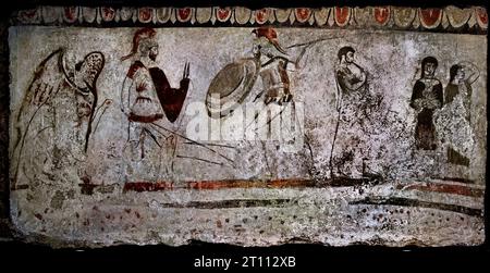 Warriors with a spear and a shield Lucanian fresco from the 4th century BC, from the Tomb of the Horseman, Lucanian fresco tomb,  The ruins of Paestum are famous for their three ancient Greek temples in the Doric order  550 to 450 BC Stock Photo