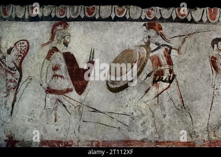 The battle scene between two warriors, fresco from the Necropolis in Andriuolo-Laghetto in Paestum The ruins of Paestum are famous for their three ancient Greek temples in the Doric order  550 to 450 BC Stock Photo