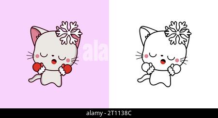 Set Christmas White Cat Multicolored and Black and White. Kawaii Clip ...