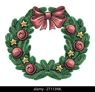 Christmas Wreath with fir branches, balls and bow isolated. Holiday symbol vector illustration Stock Vector
