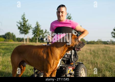 Handsome disabled man sitting in a wheelchair with the service dog at the park. Stock Photo