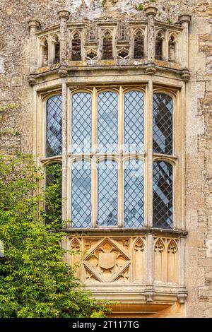 The latticed oriel window at Lacock Abbey photographed in 1835 by William Henry Fox Talbot to produce the first known photographic negative, Lacock UK Stock Photo