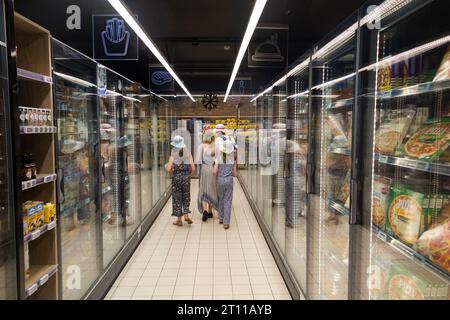 Woman & her children / kids / family well stocked frozen food fridges aisle in a Casino (French chain) mini supermarket in Monaco. (135) Stock Photo