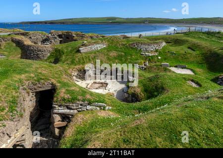Skara Brae is a Neolithic settlement in Orkney, Scotland. It is one of the most complete Neolithic villages in Europe, and is a UNESCO World Heritage Stock Photo