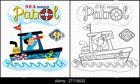 Coloring book of soldier holding binocular on a patrol boat Stock Vector