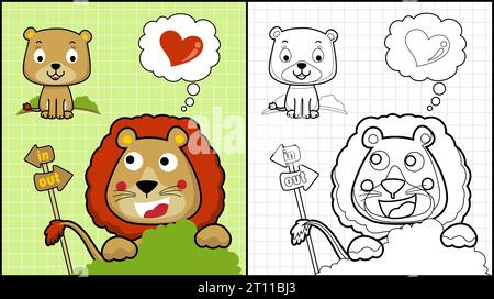 Coloring book of cute lion couple cartoon Stock Vector