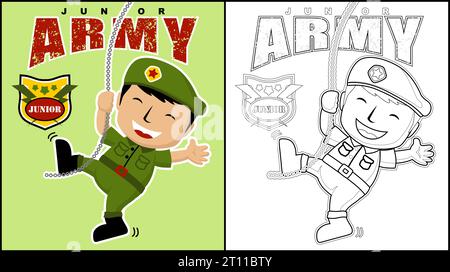 Coloring book of funny soldier cartoon hang on chains Stock Vector