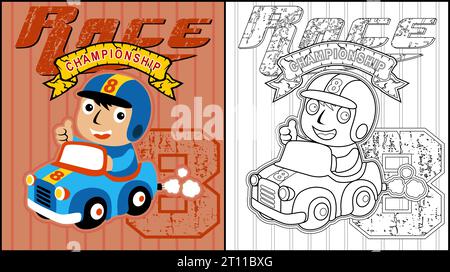 Coloring book of racer little boy on racing car Stock Vector