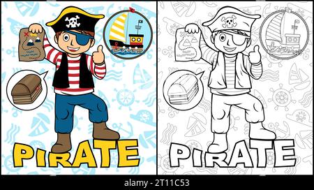 Coloring book of a boy in pirate costume on pirate element pattern background Stock Vector