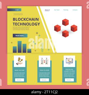 Blockchain technology flat landing page website template. Basic income, peer-to-peer, online loan. Web banner with header, content and footer. Vector Stock Vector