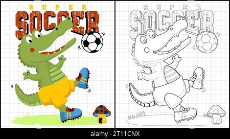 Coloring book of funny dinosaur cartoon playing soccer Stock Vector