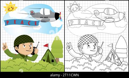 Coloring book of soldier cartoon with walkie talkie, plane fly above him Stock Vector