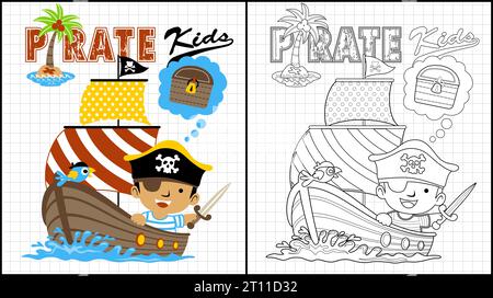 Coloring book of a boy in pirate costume while holding sword with parrot on sailboat Stock Vector